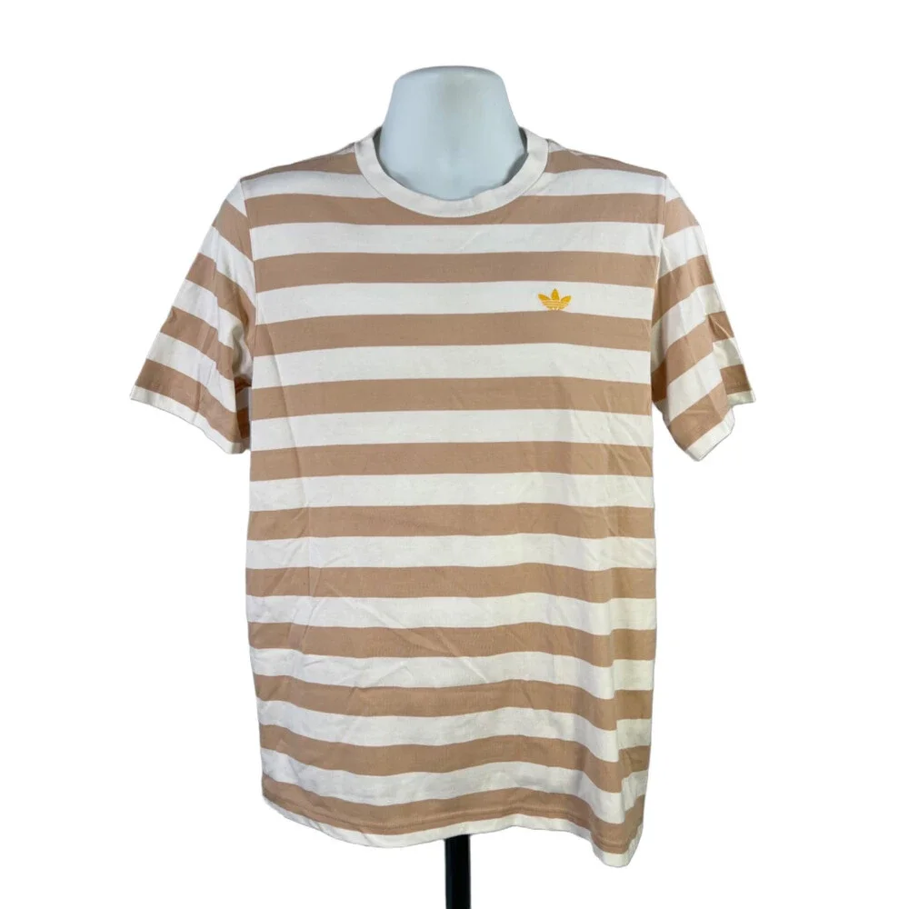 Adidas Men's Beige/White Striped Original Striped Short Sleeve Tee Shirt - M
